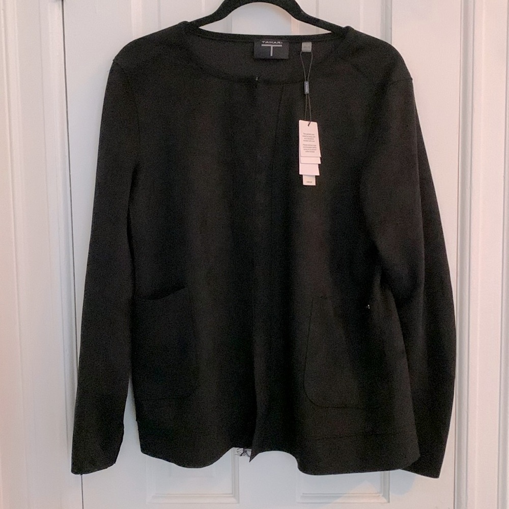 Tahari Faux leather jacket in black with lace trim